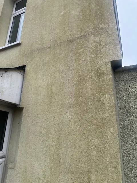 A close-up of a weathered and algae-stained exterior rendered wall on a house.
